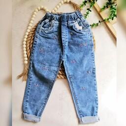 شلوار جین مام استایل گلدوزی چشم جنس جین سنگشور شده گرم بالا مناسب 2 تا 7 سال