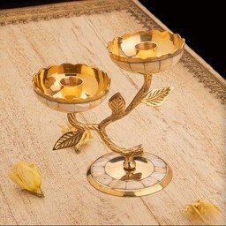 شمعدان برنجی صدفی تزئینی دو شعله مدل نیلوفر درختی 