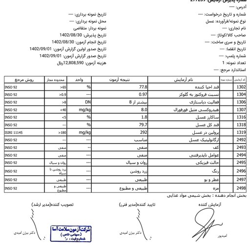 عسل طبیعی و ارگانیک چند گیاه (  با ساکارز زیر دو)