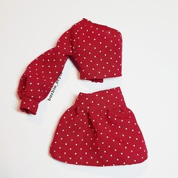 لباس عروسک باربی شامل ست تاپ و دامن خال خالی قرمز مناسب باربی لاغر  عرضه از باربی استایل و گالری شایسته