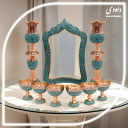 ست کامل آینه و لاله سفره هفت سین نوروز فیروزه کوبی شده صنایع دستی داودی 