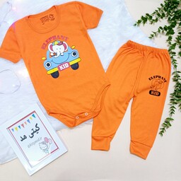 لباس نوزادی پسرانه دخترانه زیردکمه و شلوار نوزادی بادی نوزادی سایز چهار پنج شش رنگ نارنجی یک تا سه سال 