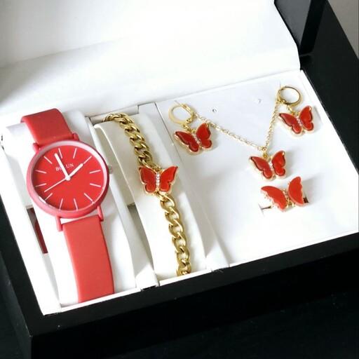 ست ساعت زنانه ساعت مچی زنانه ساعت قرمز گردنبند و دستبند پروانه قرمز ولنتاین ارسال رایگان 