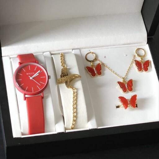 ست ساعت زنانه ساعت مچی زنانه ساعت قرمز گردنبند و دستبند پروانه قرمز ولنتاین ارسال رایگان 