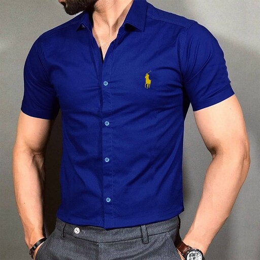 پیراهن آستین کوتاه آبی کاربنی مردانه پولو polo
