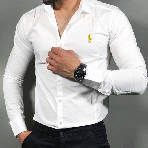پیراهن مردانه سفید آستین بلند پولو polo طلایی 