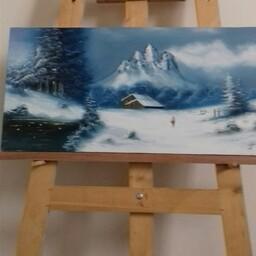 تابلو  نقاشی رنگ روغن منظره برفی یک روز زمستان