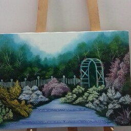 تابلو نقاشی رنگ و روغن منظره باغ پر از گل  ابعاد 50در70