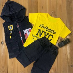سه تکه جین بهاره NYC  مناسب 3 تا 5 سال تیشرت زرد رنگ