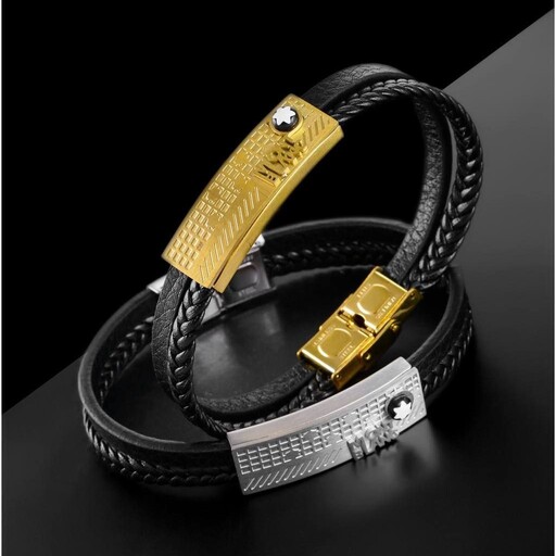 دستبند چرم مونت بلانک مردانه مشکی طلایی MONT BLANC 