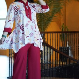 ست تونیک شلوار کراواتی تونیک طرحدار شلوار تک رنگ جنس کرپ پلاس فری سایز تا 44 رنگ زرشکی