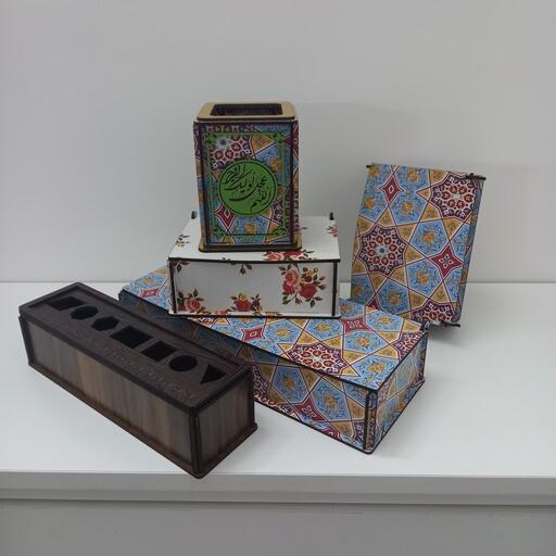 مجموعه جعبه چوبی طرح دار مناسب برای دمنوش و آجیل همراه با هدیه 