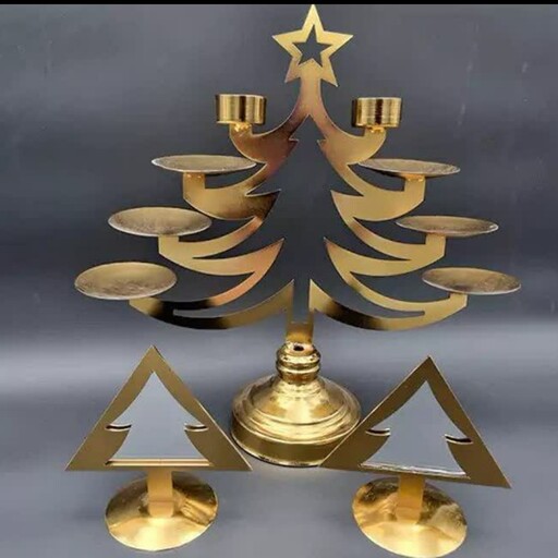  هفت سین کاج  از جنس فلز طلایی رنگ  مدل درخت کاج شامل 6 ظرف یک جفت جا شمعی روی یک کاج بزرگ به همراه یک جفت آینه