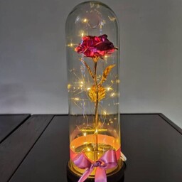 باکس گل گلکسی شیشه ای دکوری زیبا با گل صورتی و ریسه چراغدار 