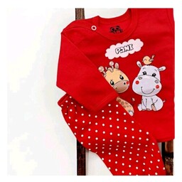 لباس نوزادی و بچگانه ست 2تیکه زرافه قرمز پیراهن جلو دکمه و شلوار
