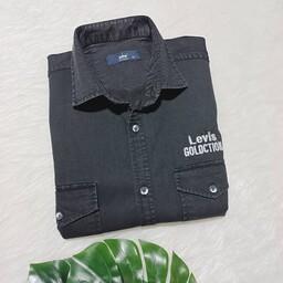 پیراهن مردانه جین آستین کوتاه سنگشور زغالی دو جیب ارسال رایگان