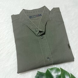 پیراهن کتان مردانه یقه دیپلمات رنگ سبز تیره بدون جیب ارسال رایگان 