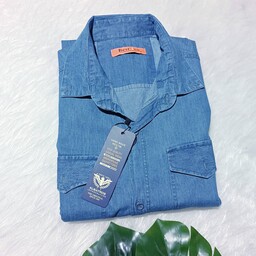 پیراهن مردانه جین آبی روشن قواره دار دو جیب آستین بلند ارسال رایگان