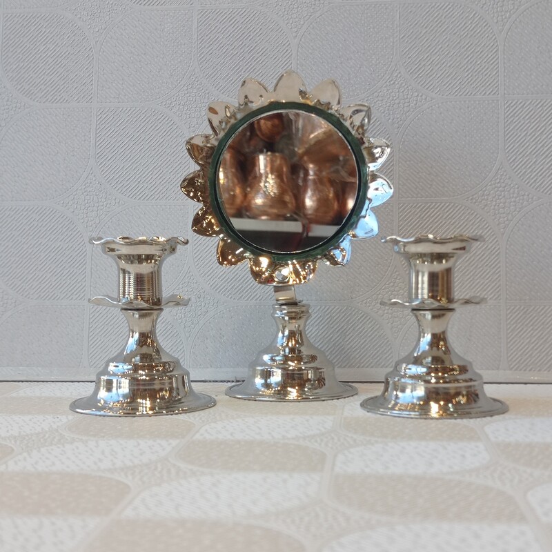 آینه شمعدان مسی کروم نقره ای سفید  (آینه و شمعدان مسی زنجان ) مدل خورشیدی کوچک