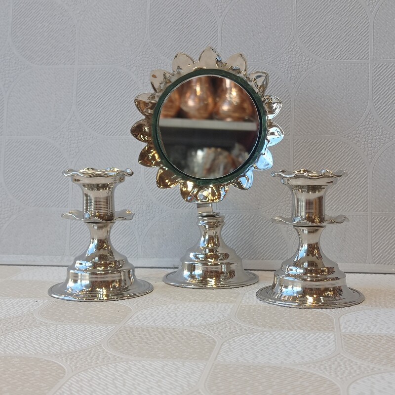 آینه شمعدان مسی کروم نقره ای سفید  (آینه و شمعدان مسی زنجان ) مدل خورشیدی کوچک