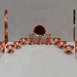 هفت سین مسی (ست کامل) خورشیدی نانو  (آینه و شمعدان مسی و 6 عدد پیاله نقلی زنجان ) مدل خورشیدی کوچک