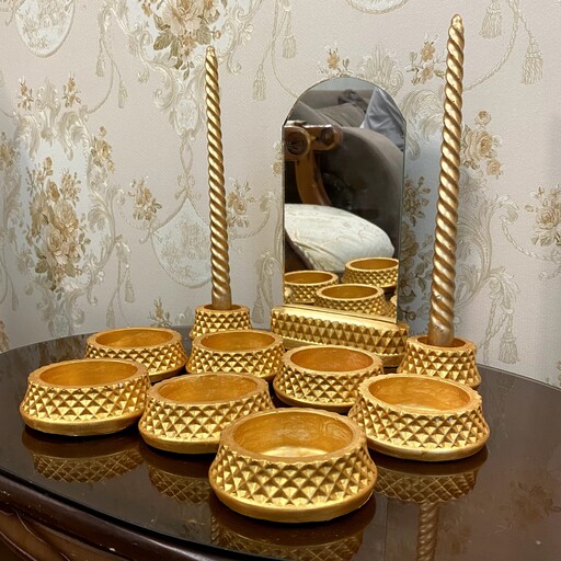  ست ظروف هفت سین سنگ مصنوعی با اینه وشمعدان ست رنگ طلایی