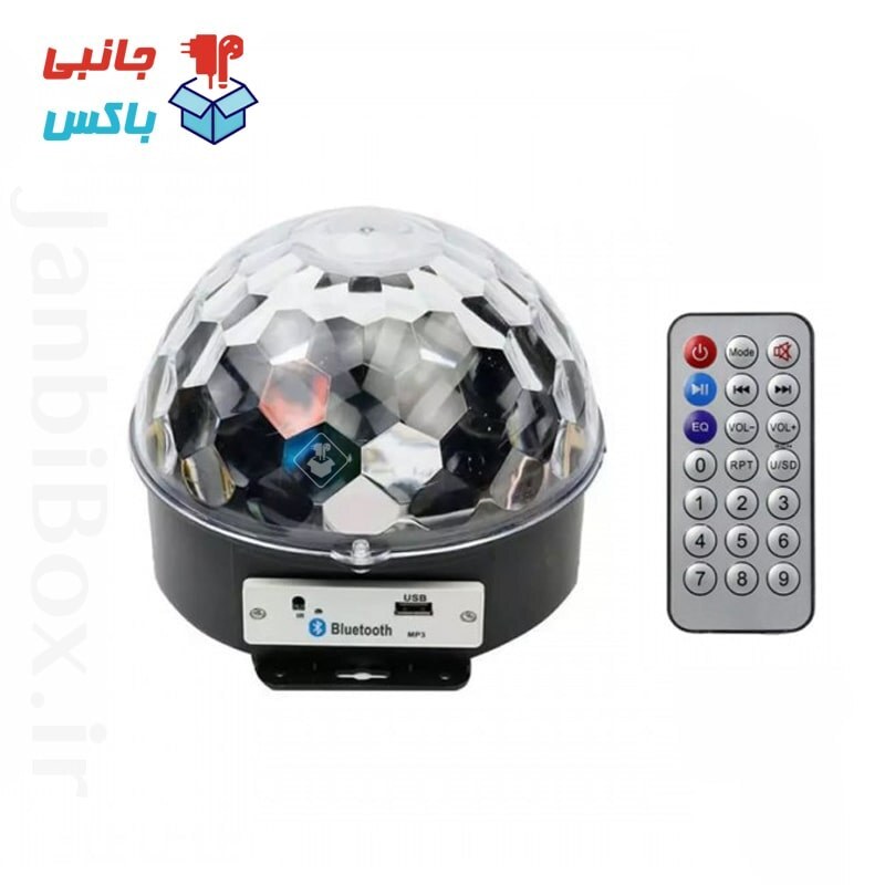 لامپ رقص نور و اسپیکر بلوتوثی LED Magic Ball Light چراغ اسپیکر دار فلش خور با ریموت کنترل فروشگاه جانبی باکس 