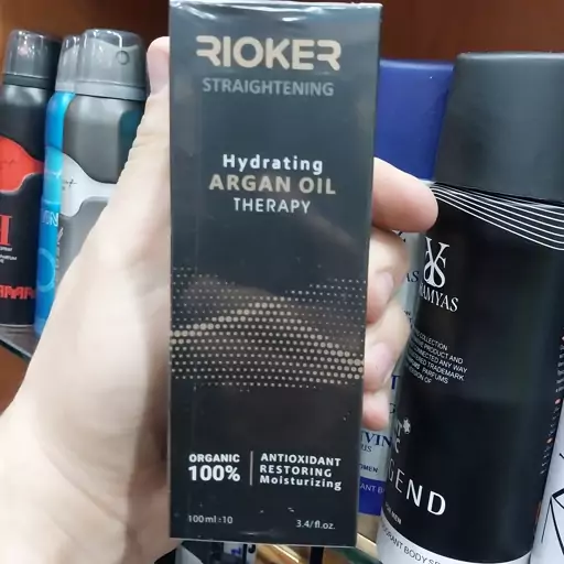 روغن آرگان ارگانیک و اصلی و شرکتی RIOKER میل 100 کیفیت استثنایی  ضد موخوره کاهش ریزش کاهش وز و خشکی صاف کننده بدون چربی