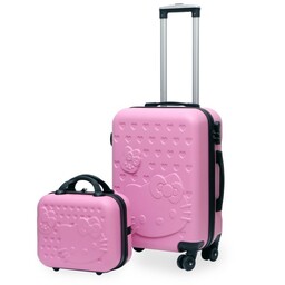 چمدان کودک هلو کیتی برجسته دو تیکه چمدان  بعلاوه کیف دستی در دو رنگ صورتی و یاسی
