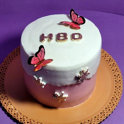 کیک تولد سفید و صورتی پروانه ای ،نیم کیلویی 