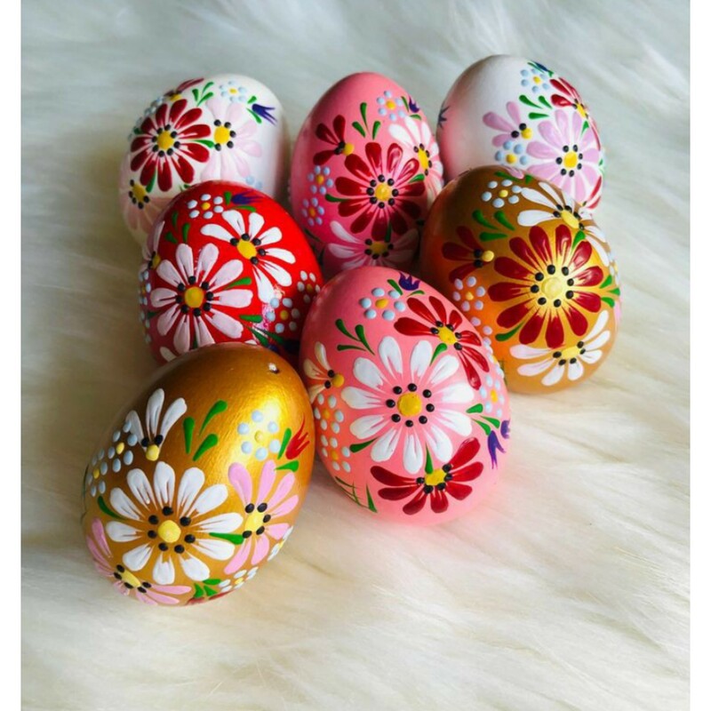 تخم مرغ رنگی سفالی عید نوروز طرح گل بابونه بهاری تماما نقاشی کار دست و ضد آب