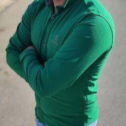 پیراهن مردانه سبز چمنی اندامی آستین بلند کشی ساده (ارسال رایگان )