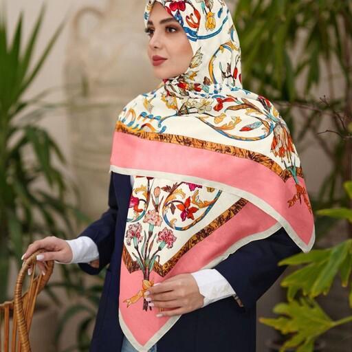 روسری نخی زنانه حاشیه دار منگوله دار طرح بسیار پرفروش و جدید رنگ گلبهی ارسال رایگان mo608