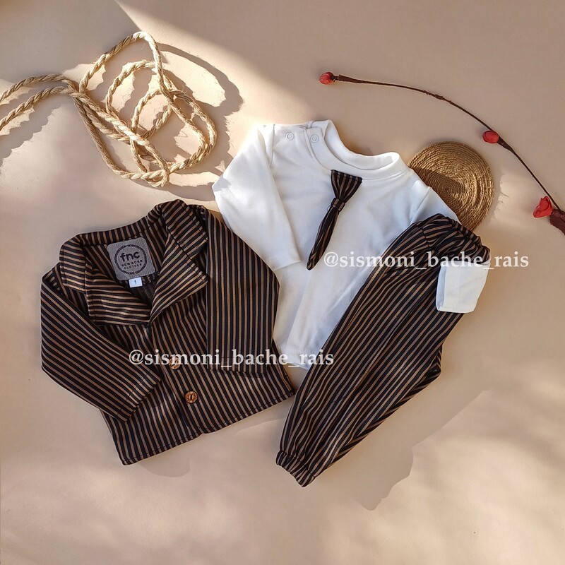 لباس سه تیکه نوزادی پسرونه کت شلوار و کراوات بلوز شلوار بچگانه عید شیک و خفن 
