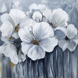 تابلو  گل مدرن نقاشی رنگ روغن رنگ سفید طوسی سایز 60 در60