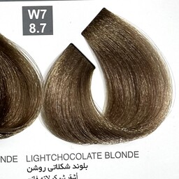 رنگ بلوند شکلاتی روشنW7  ،8.7 ، رنگ مو کاترومر بدون آمونیاک و یک عدد اکسیدان 150 میلی لیتر