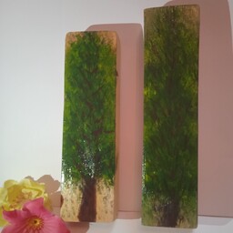 تابلو نقاشی سه تکه روی چوب طرح درخت کاج و شکوفه بهاری ابعاد 14 در 4 سانتی متر 