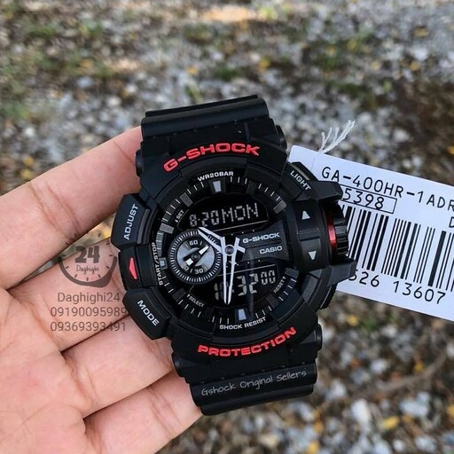 ساعت جی شاک مشکی قرمز GA-400HR-1ADR (جیشاک GShock) ga400، تنظیم اتوماتیک با پایتخت کشورها ، اتولایت دار