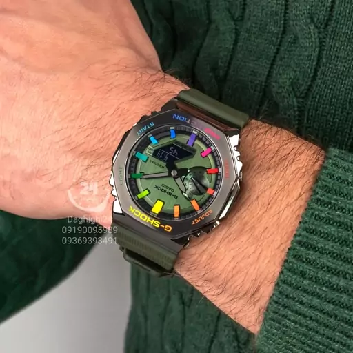 ساعت  مچی جی شاک سبز ga2100  مسترکپی(کیس استیل)(جیشاک GShock) تنظیم اتوماتیک با پایتخت کشورها ، اتولایت اتوماتیک