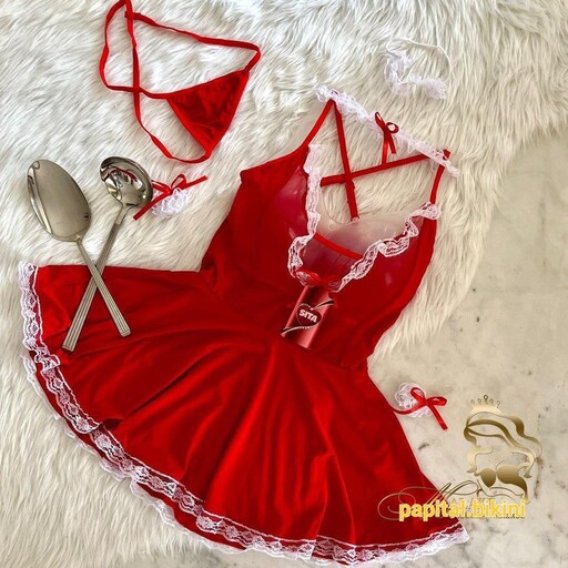 لباس خواب کاستوم پیش خدمتی جذاب فانتزی رنگ قرمز مشکی فری سایز