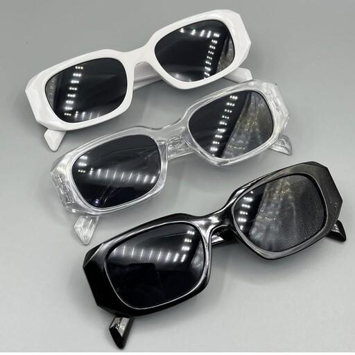عینک آفتابی پرادا دسته سه بعدی کار خوش صورت شیک مشکی سفید کریستالی لنز یووی 400