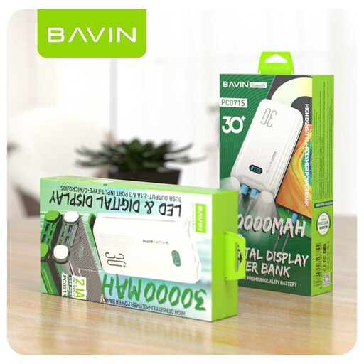 پاوربانک 30 هزار میلی آمپر برند Bavin  مدل Pc 071s دارای 5 درگاه شارژ و دوعدد چراغ قوه led