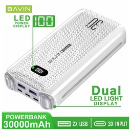 پاوربانک 30 هزار میلی آمپر برند Bavin  مدل Pc 071s دارای 5 درگاه شارژ و دوعدد چراغ قوه led