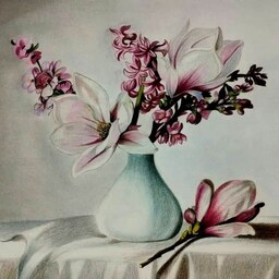 تابلو نقاشی گلدان گل تکنیک مدادرنگی سایز 35در45 با قاب 