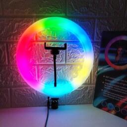 رینگ لایت رنگی قطر 26 RGB به همراه سه پایه 2.10 سانتی متری با قابلیت رقص نور به همراه ضمانن فروش تکی به قیمت عمده
