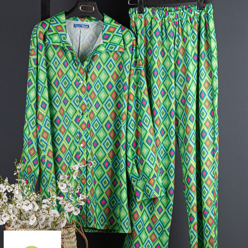 ست شومیز و شلوار زنانه سبز بیگ سایز  بهاری کرپ جلودکمه آستین بلند