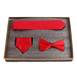 ست کادویی مردانه کراوات پاپیون دستمال جیب رنگ قرمز (پوشت) هدیه  با جعبه شیک و عالی
