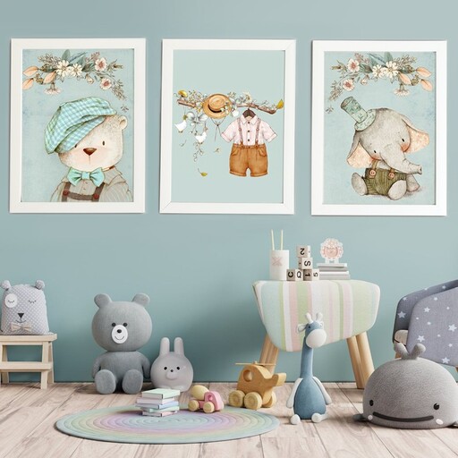 تابلو اتاق کودک مدل خرس و فیل و لباس پسرانه در جنگل پاستیلی مجموعه 3 عددی... سایز 30.40