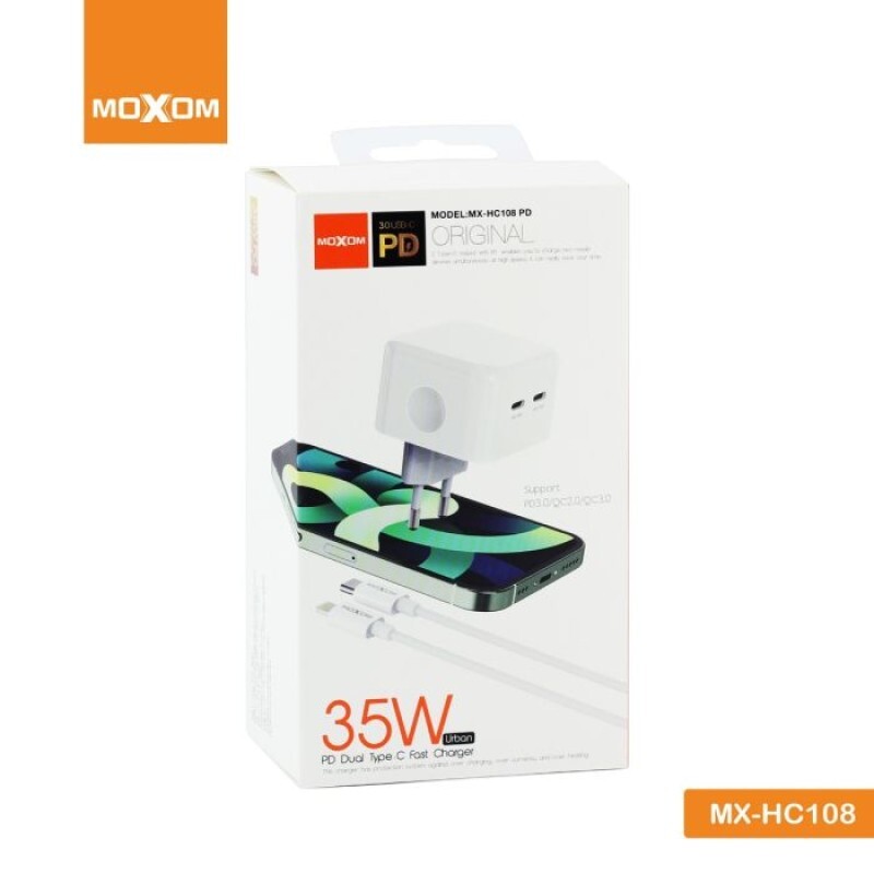 آداپتور شارژر ماکسوم مدل MOXOM MX-HC108 PD 35W همراه کابل لایتینگ(آیفون) - سفید, هفت روز ضمانت تست و اصالت کالا