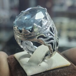 انگشتر توپاز سویسی اصل معدنی تراش جواهراتی الماسی با رکاب طرح شاکری اره کاری نقره عیار925 سنگ توپاز طبیعی معدنی اصل کد53